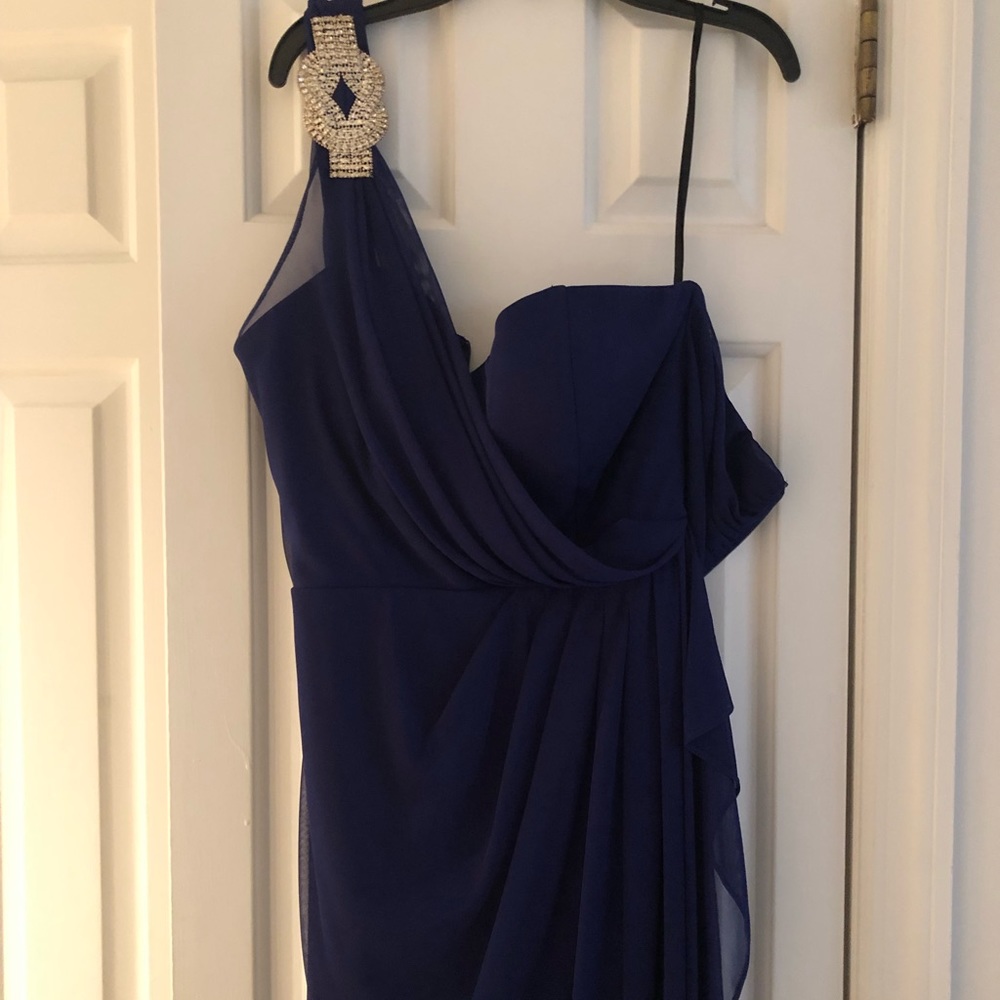 Navy Gown wIth Swarovski crystal shoulder strap.